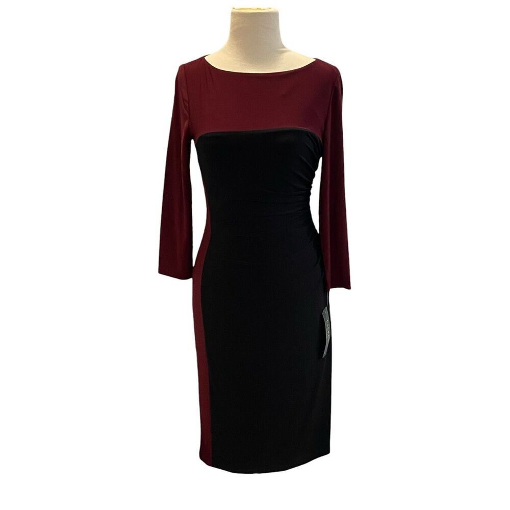 Size 4 Ralph Lauren Dress Black Garnet Color Block Slinky Ruched NWT